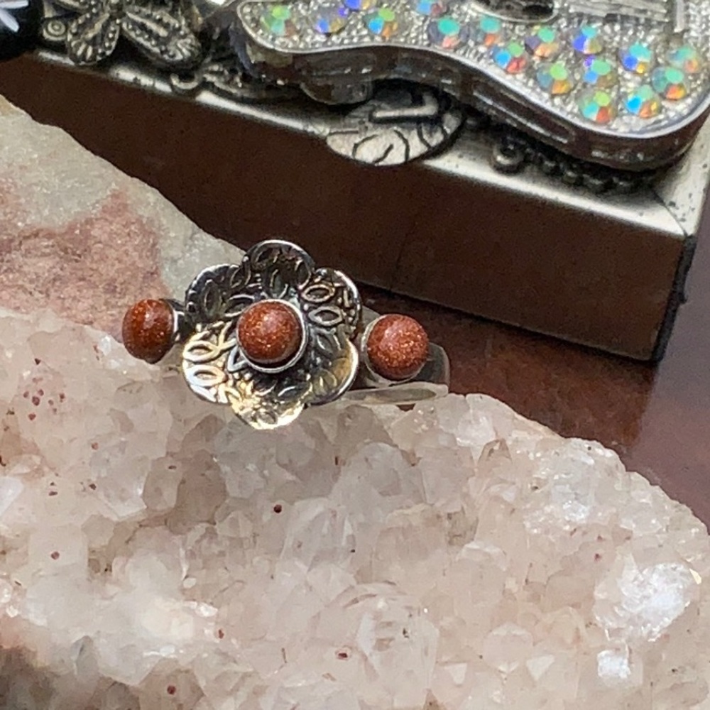 SUNSTONE FLOWER 925 STERLING SILVER RING, SIZE 9